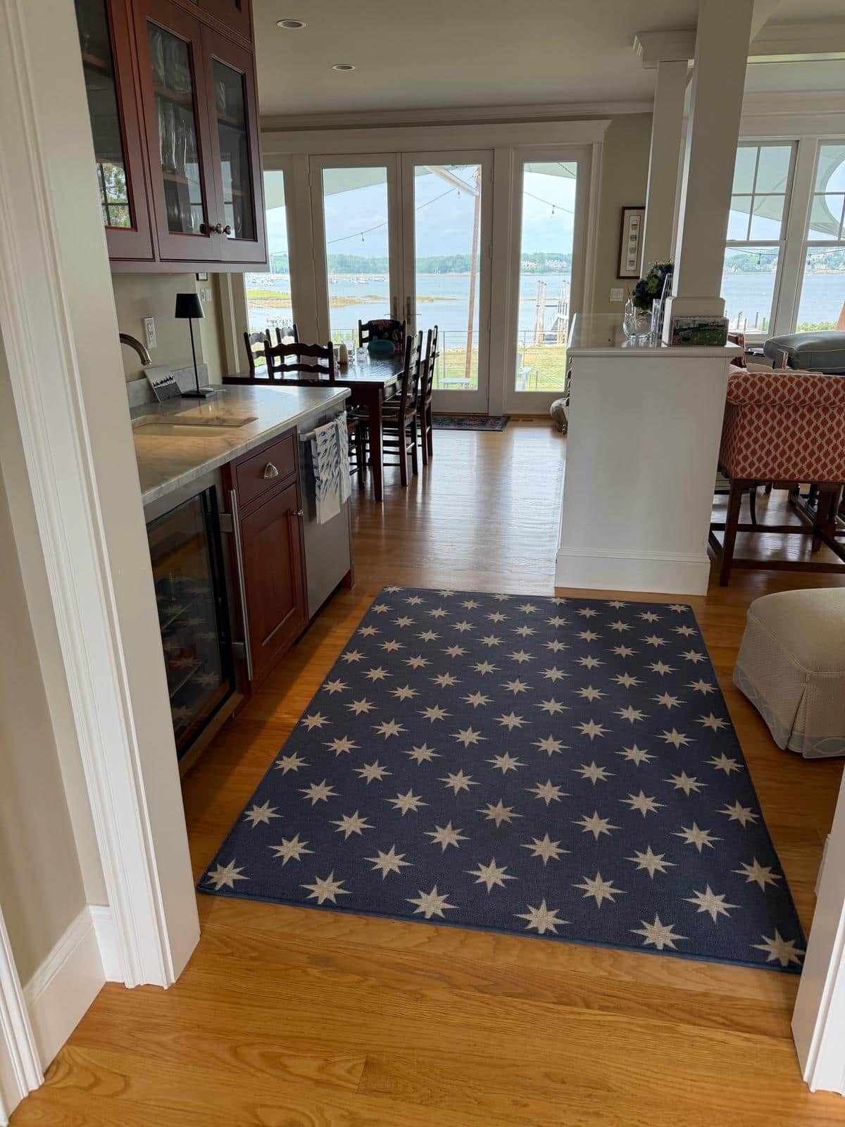 Family room with sectional sofa cleaned in a waterfront home