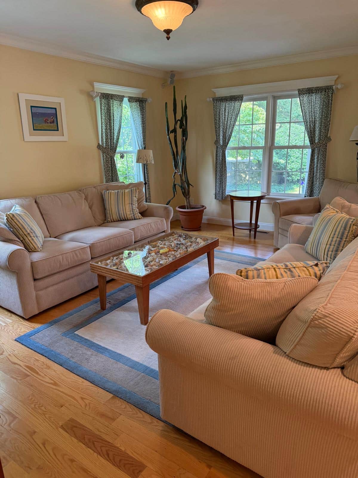 Formal living room with upholstered sofas and hardwood floors after cleaning