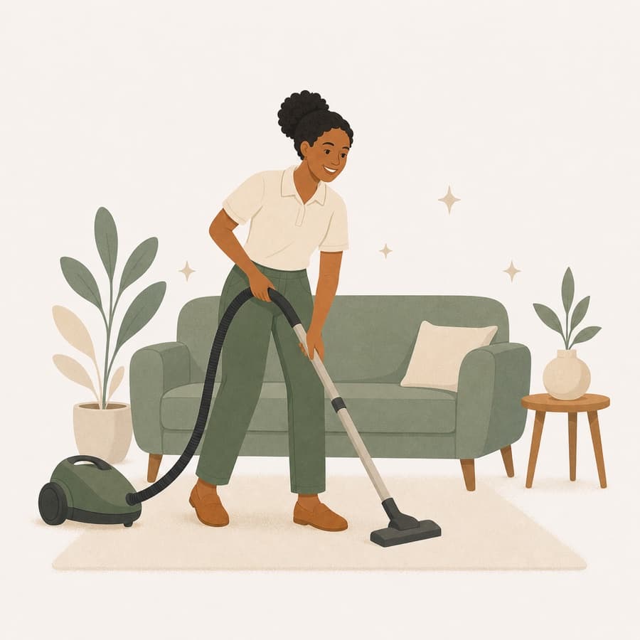 Illustration: a cleaner vacuuming a living room rug